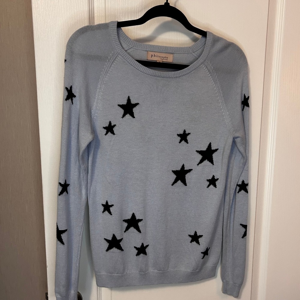 Philosophy Republic Light Blue Black Star Print Long‎ Sleeve Sweater Size S